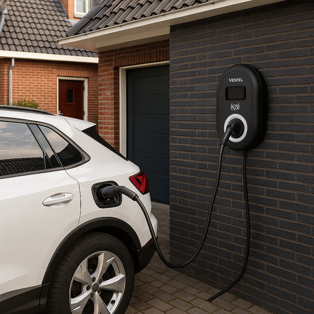 White electric car charging. Black charger on wall. House in background.