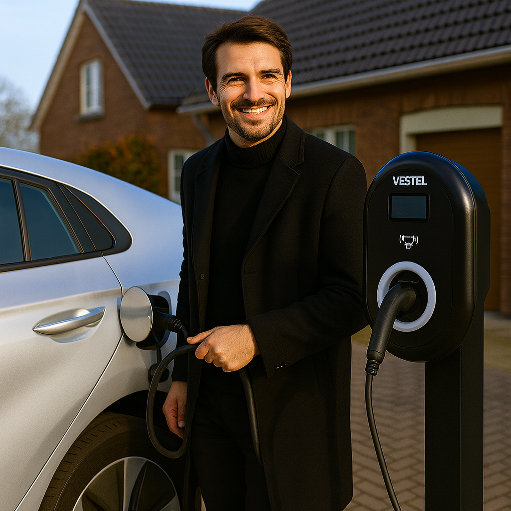 A man smiles next to a car and charging station. He holds the charging cable. A house is in the background.