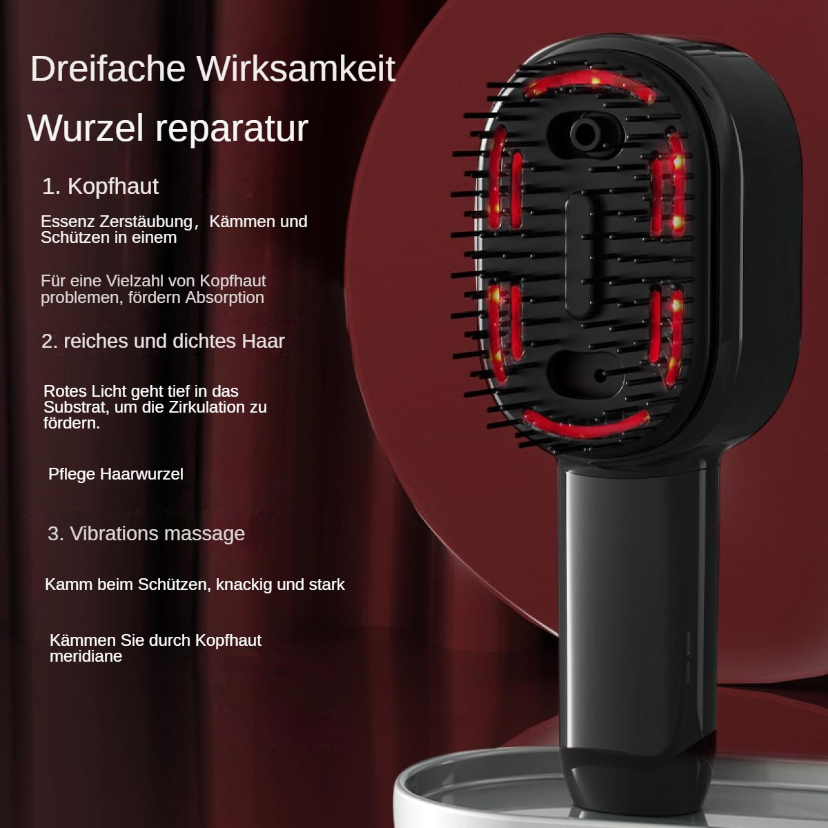 Eine schwarze Haarbürste mit roten Lichtern wird angezeigt. Text beschreibt Kopfhautpflege, Haarwuchs und Massage.