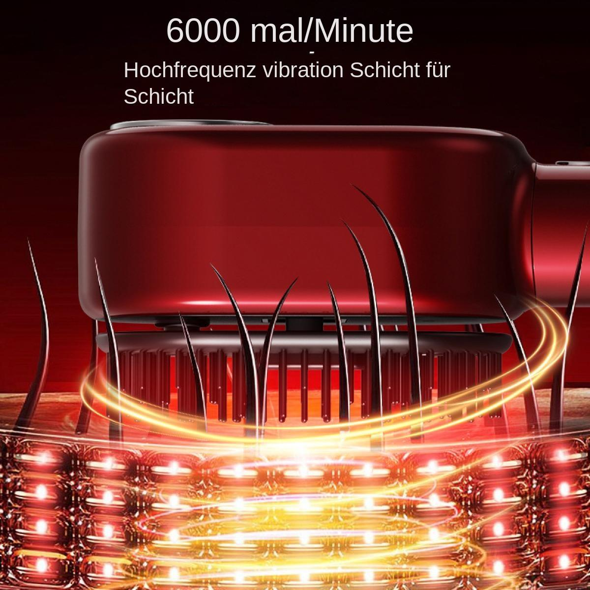 Ein rotes Gerät mit Text '6000 mal/Minute'. Es hat eine kammartige Struktur, mit leuchtenden Linien und rotem Hintergrund.