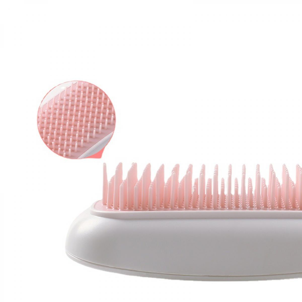 Nahaufnahme einer rosa-weißen Haarbürste. Die Bürste hat rosa Borsten und einen weißen Griff. Eine vergrößerte Ansicht der Borsten wird gezeigt.