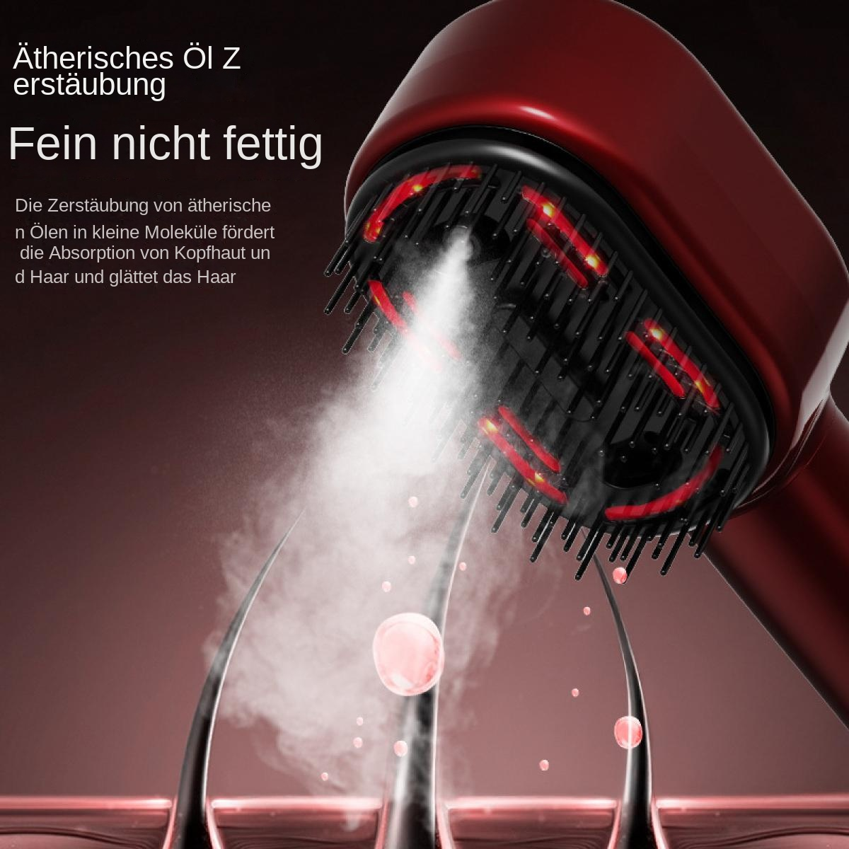 Ein rotes Haargerät dampft in der Nähe von Haarsträhnen. Der Text beschreibt die Funktion des Produkts: ätherische Öle zu zerstäuben.