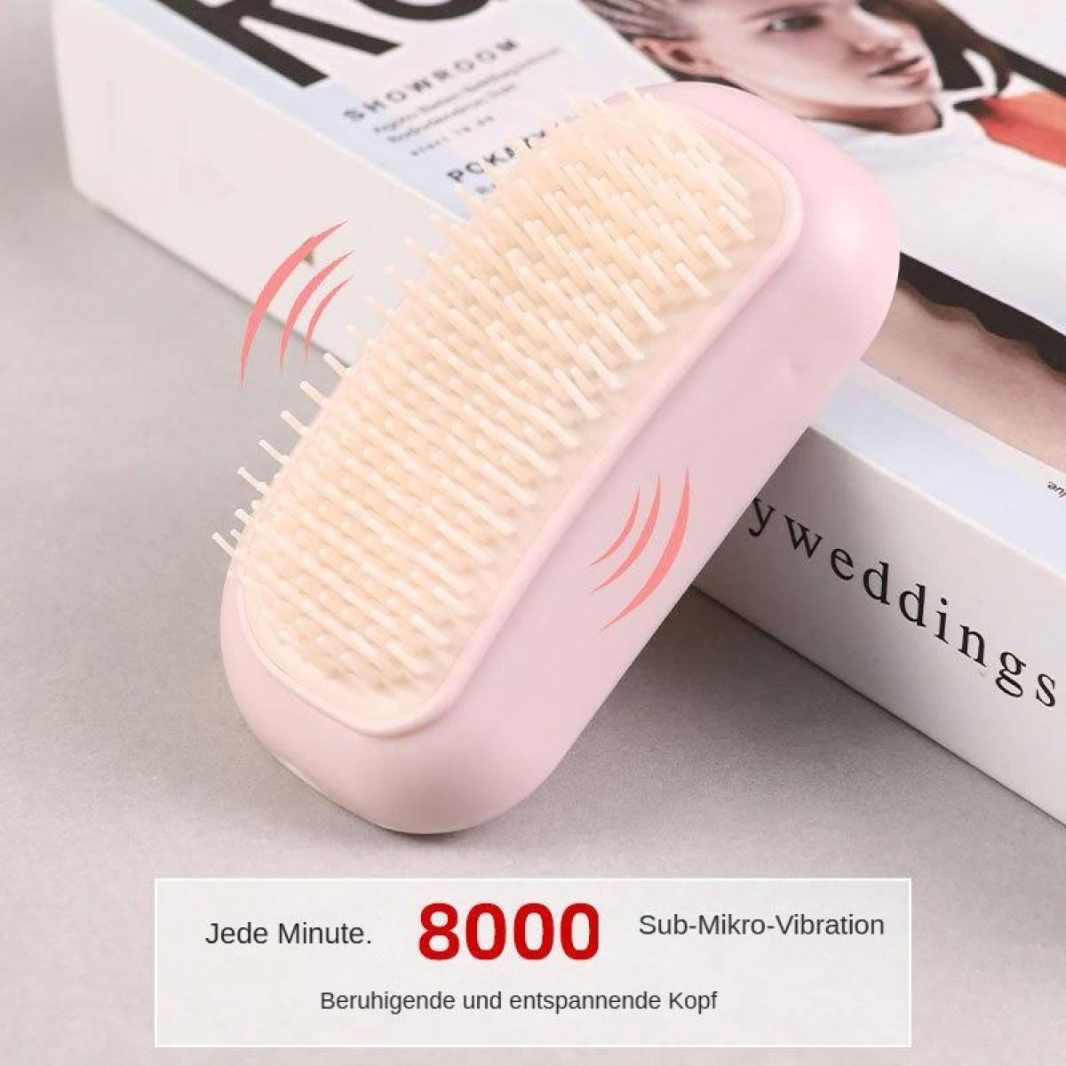 Eine rosa Haarbürste mit weißen Borsten, die auf einem Buch liegt. Der Text lautet '8000 Sub-Mikro-Vibration' und 'Beruhigende und entspannende Kopf'.