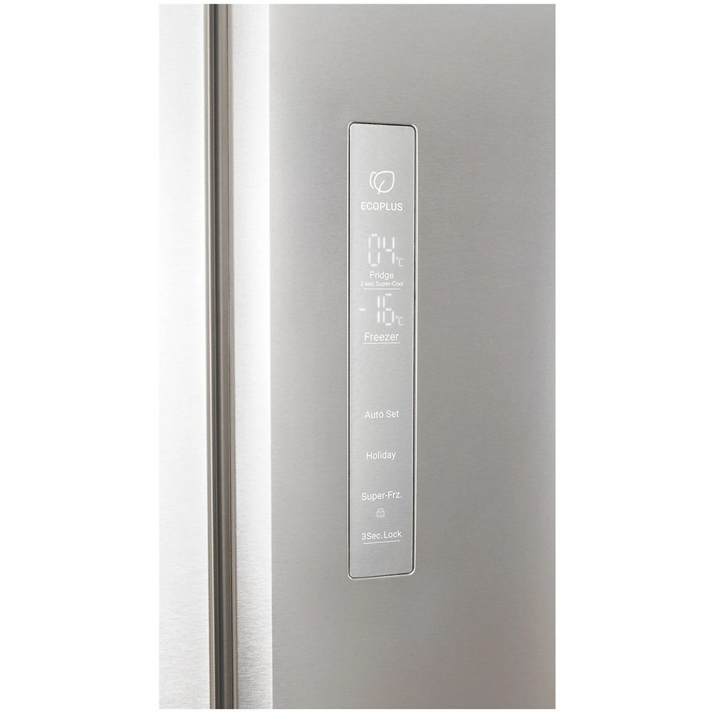 Primo piano di una porta del frigorifero in acciaio inossidabile con un display digitale che mostra le impostazioni della temperatura e le opzioni.