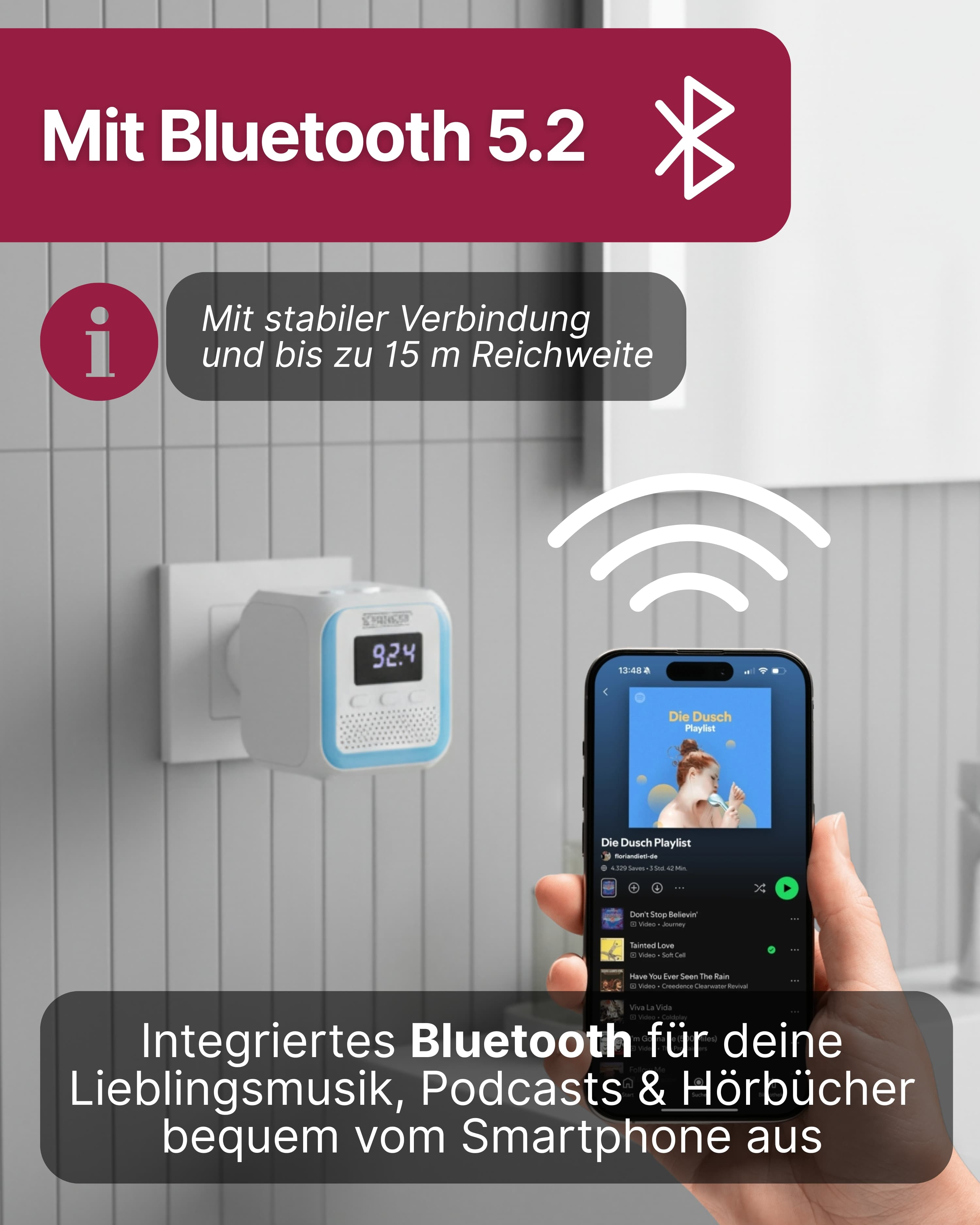 Ein Bluetooth-Lautsprecher mit einem Telefon, das Musik abspielt. Eine Uhr ist angeschlossen, Text: 'Mit Bluetooth 5.2'.