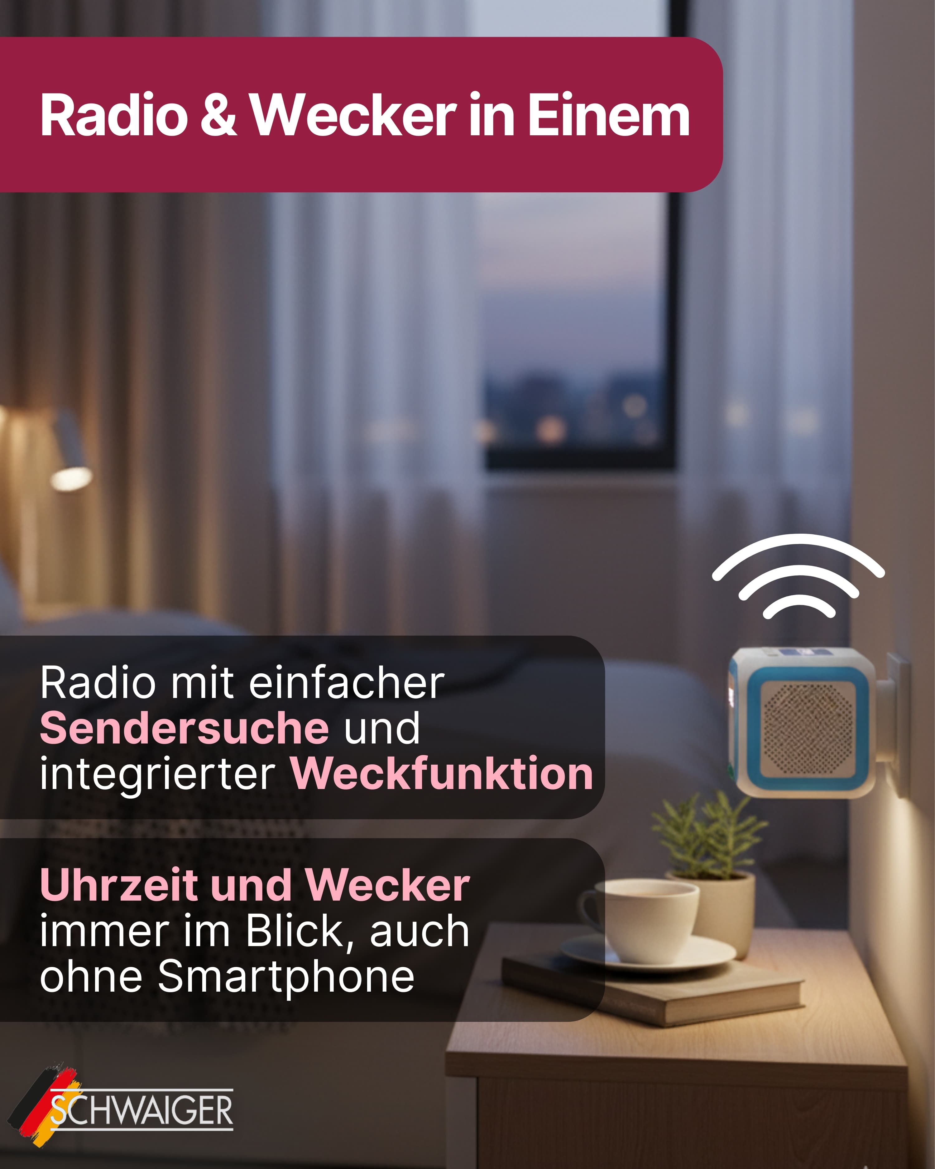 Ein Nachttisch mit Radiowecker, Tasse, Pflanze und Buch. Verschwommener Hintergrund mit Fenster.