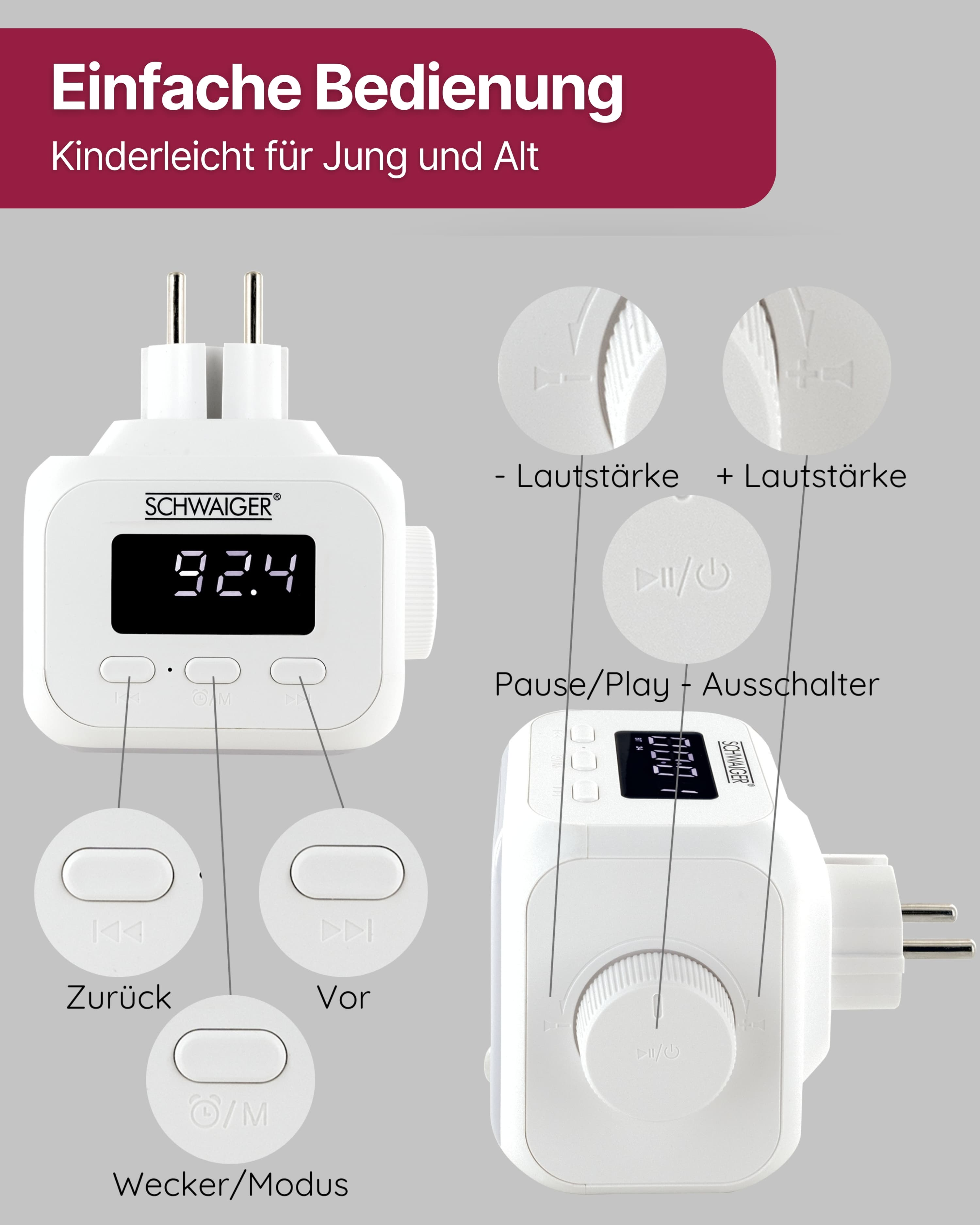 Ein weißes Digitalgerät mit Knöpfen und einem Display. Es ist mit deutschem Text und Lautstärkereglern beschriftet.