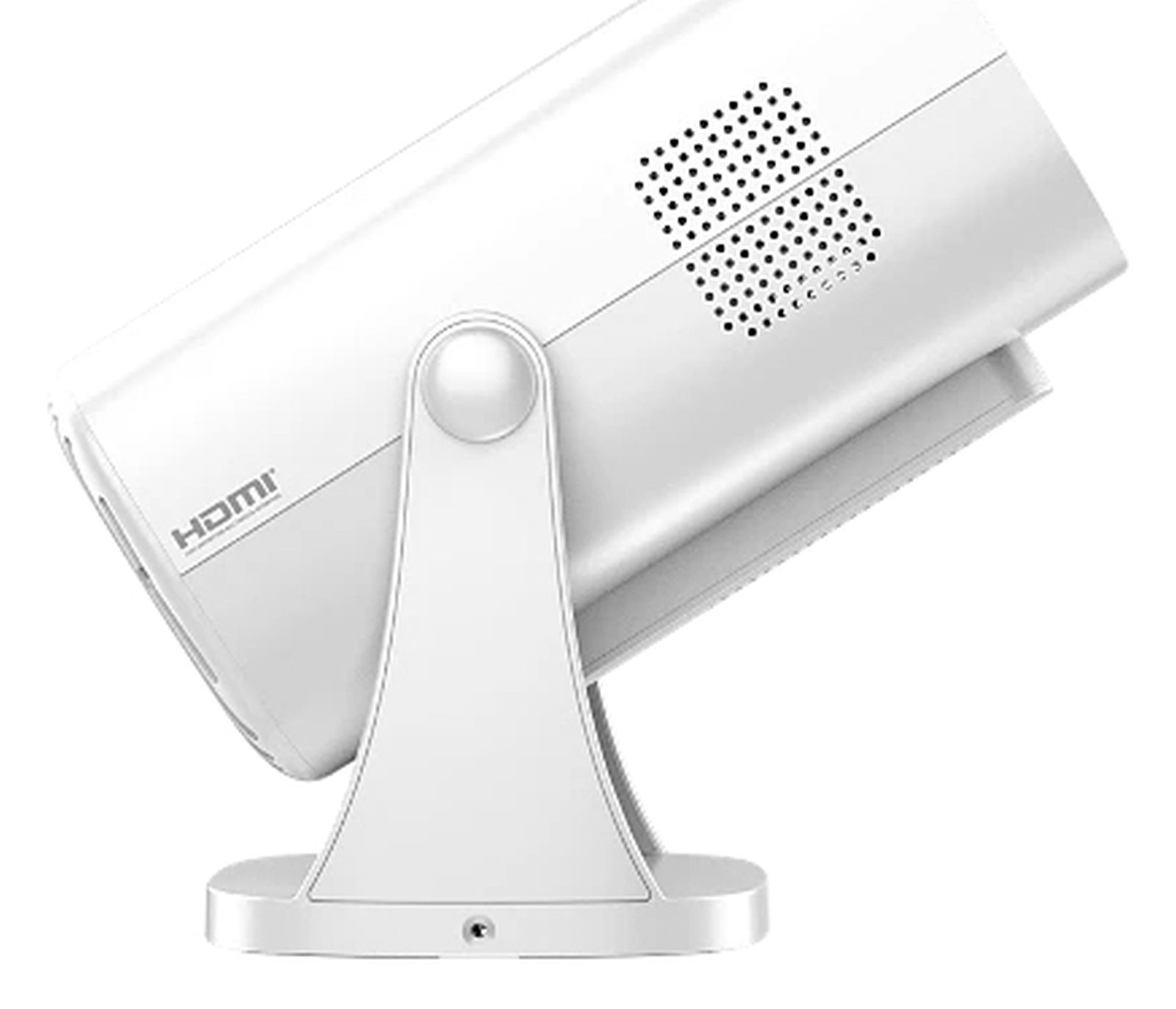 Ein weißer Projektor auf einem Ständer. Es hat das HDMI-Logo. Der Projektor hat Belüftungslöcher auf der Oberseite.