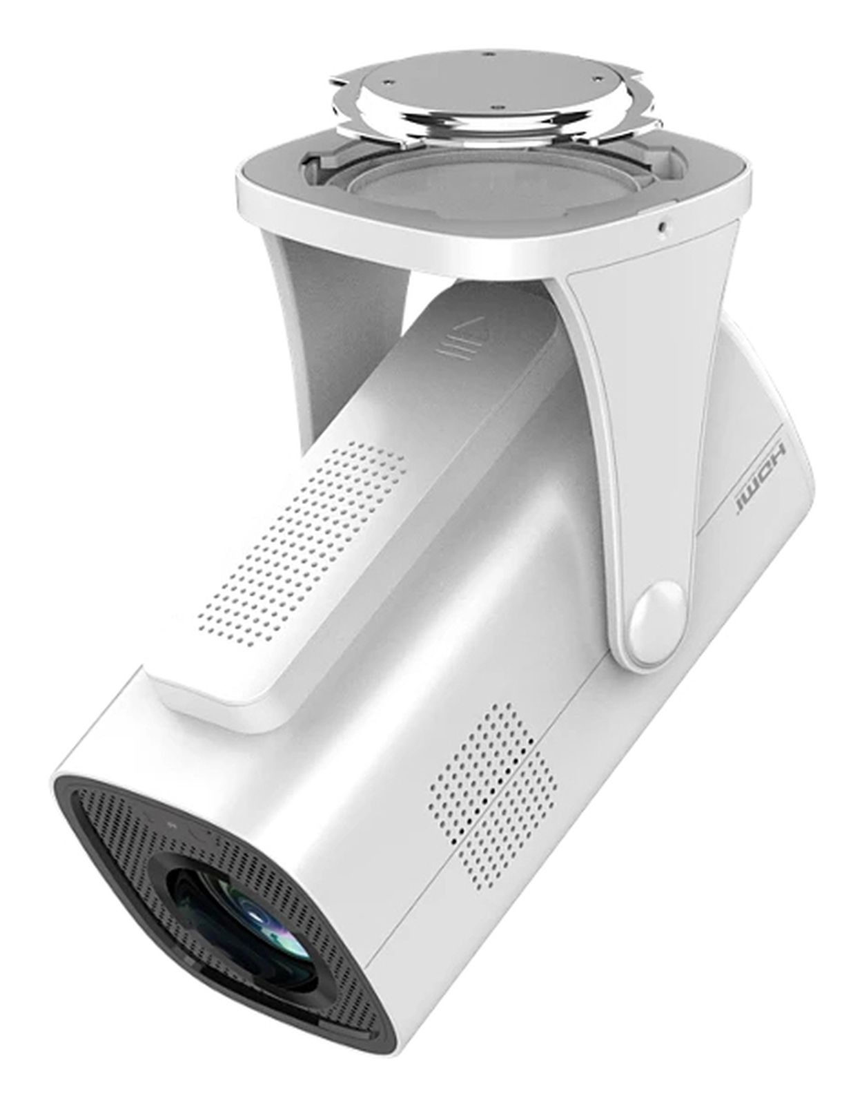 Ein weißer Projektor mit silberner Oberseite. Er hat eine Linse, Lüftungsschlitze und eine Halterung. Der Körper ist abgewinkelt, und das Design ist modern.