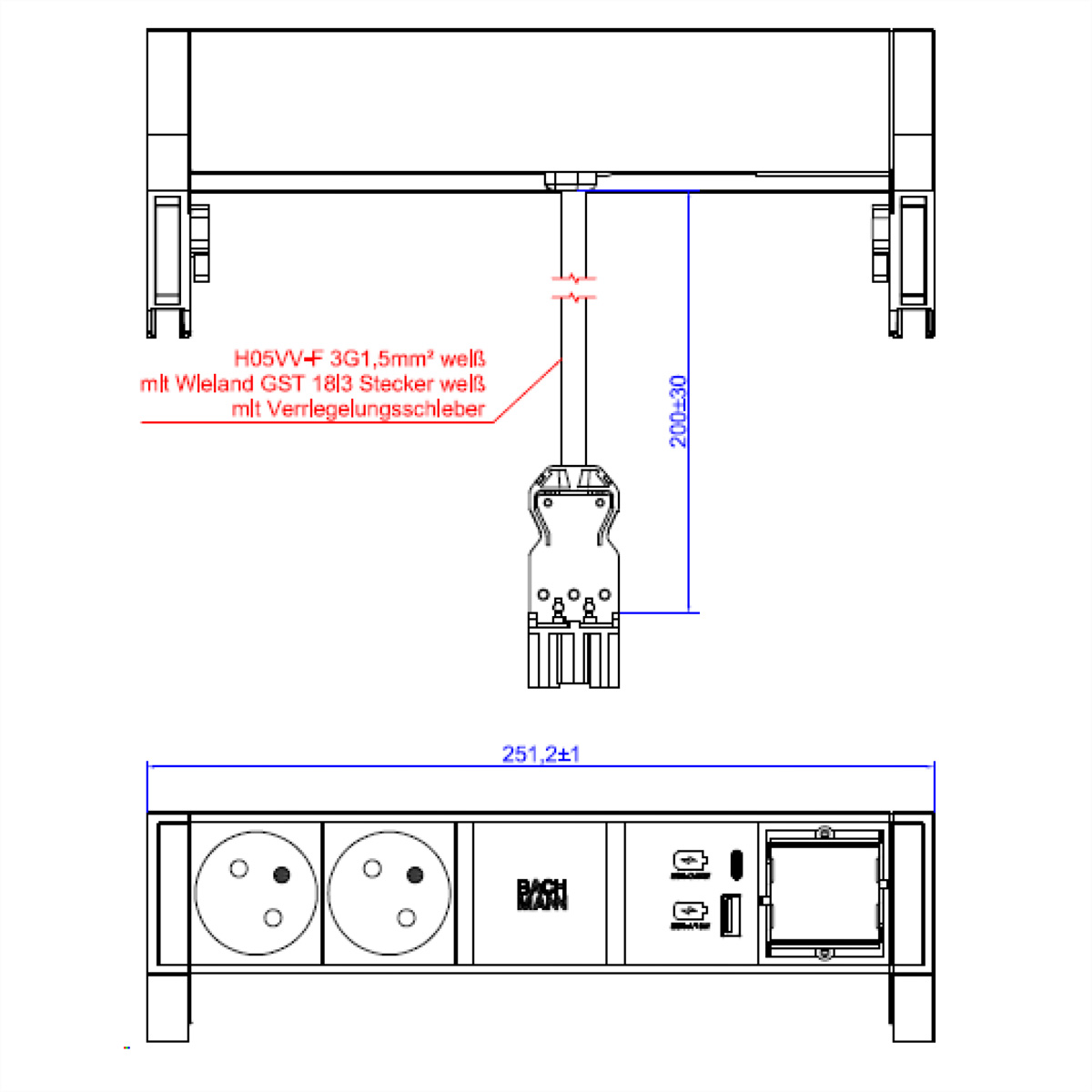 Technische tekening van elektrische componenten. Bevat kabel, stopcontacten en afmetingen, beschreven in het Duits, met witte achtergrond.