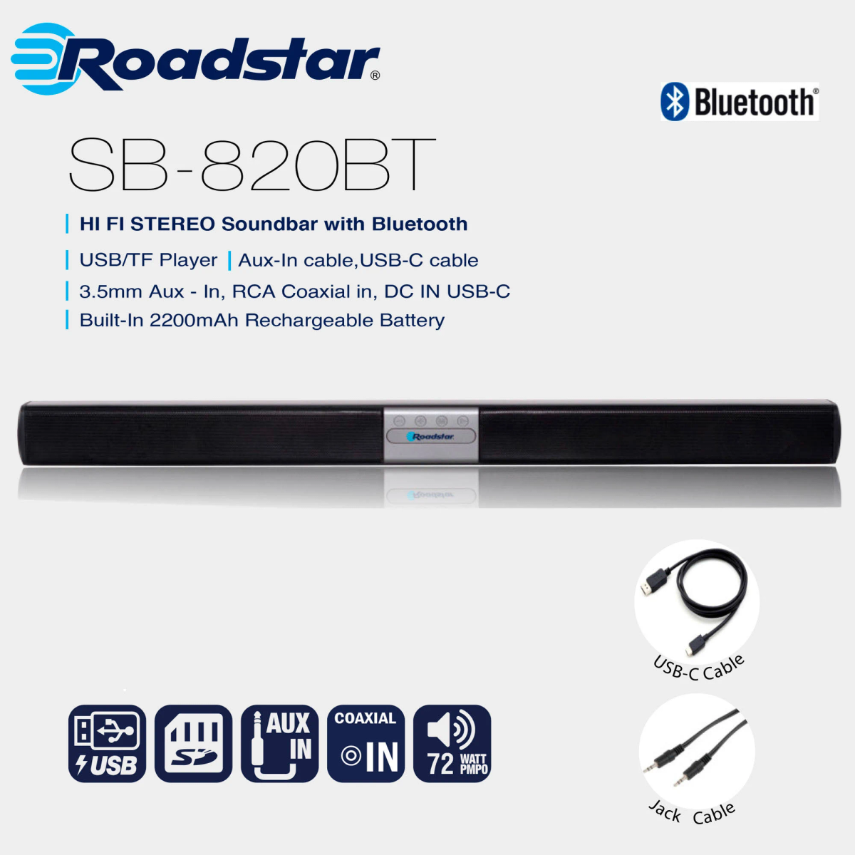 Une barre de son Roadstar SB-820BT avec Bluetooth, lecteur USB/TF, aux-in, USB-C, coaxial in et batterie rechargeable. Câbles inclus.