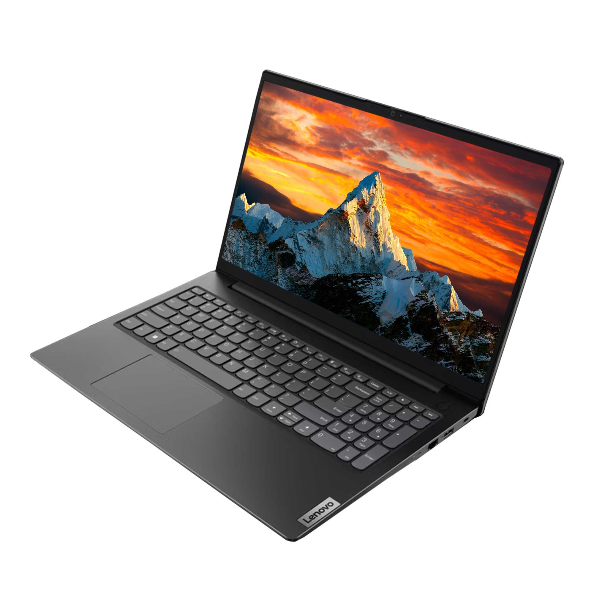 Gri bir Lenovo dizüstü bilgisayar açık, dağ manzarası ve ateşli bir gün batımı gösteriyor. Klavye görünür.