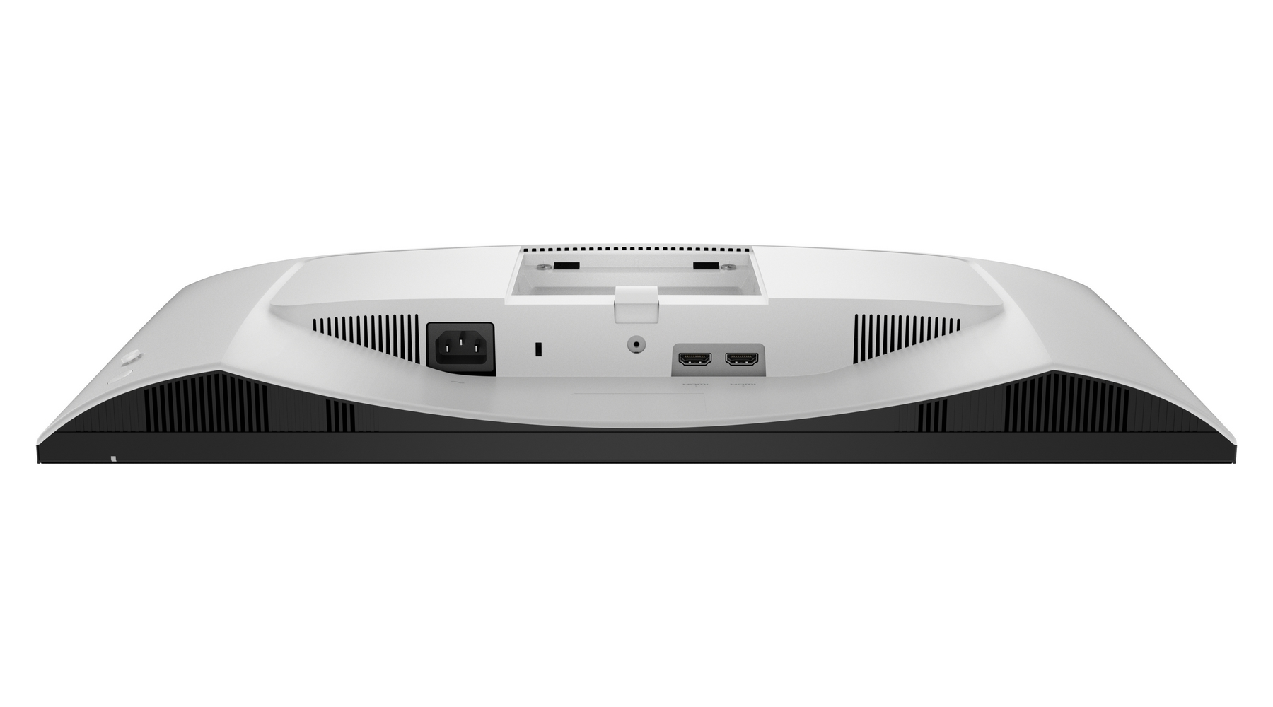 Tył białego monitora z czarnymi otworami wentylacyjnymi. Porty: zasilanie, audio i dwa HDMI. Góra: otwory wentylacyjne, białe tło.