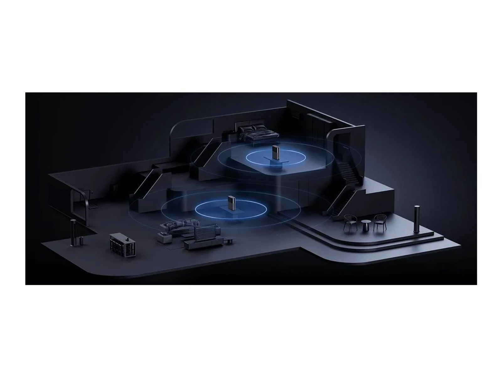 A dark architectural model displays rooms with technology. Blue circles emanate from towers, representing network coverage.