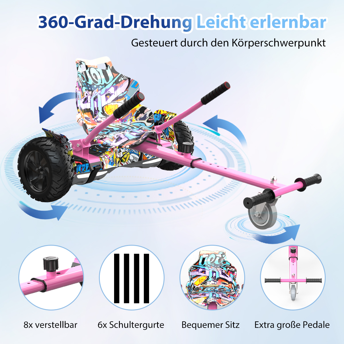 Ein pinkfarbenes Go-Kart mit schwarzen Rädern und Griffen. Es hat einen gemusterten Sitz. Text enthält '360-Grad-Drehung' und Funktionsbeschreibungen.