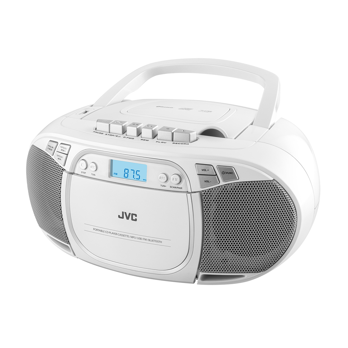 Un lettore CD portatile JVC bianco con maniglia, altoparlanti e pulsanti. Il display mostra 87,5 FM. Testo: Lettore CD, cassetta, MP3, USB.