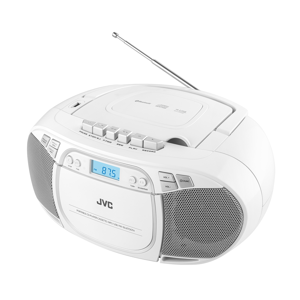 Boombox JVC bianca con lettore CD, cassette e radio. Ha pulsanti, display con 87.5, antenna e altoparlanti.