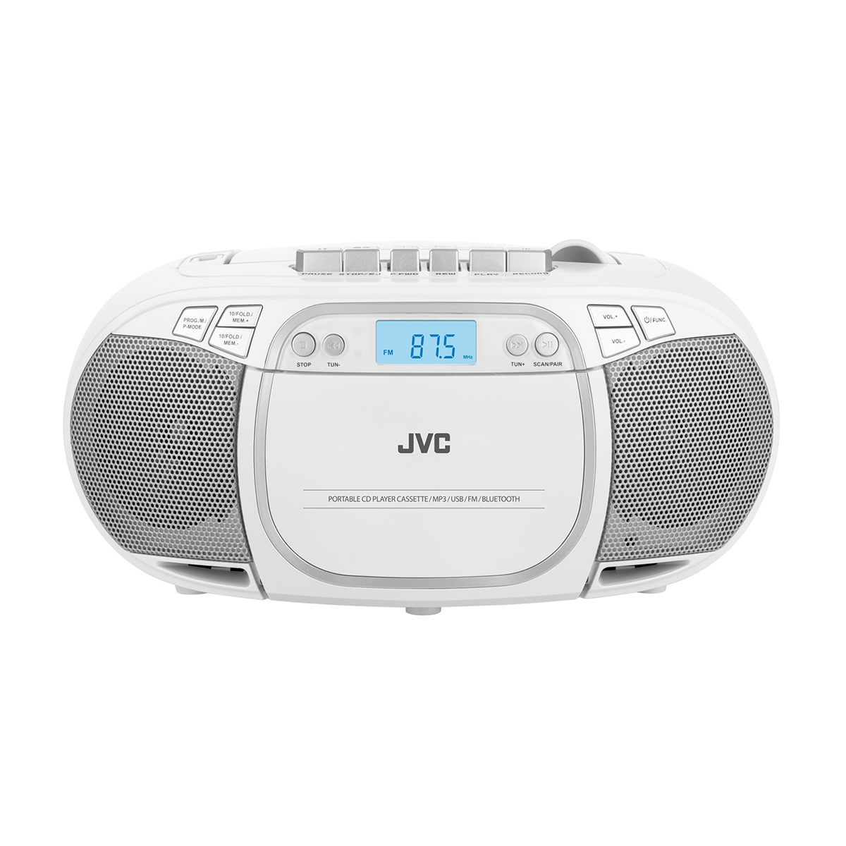 Un lettore CD portatile JVC bianco con display digitale che mostra 87,5 MHz e griglie per altoparlanti su ciascun lato.
