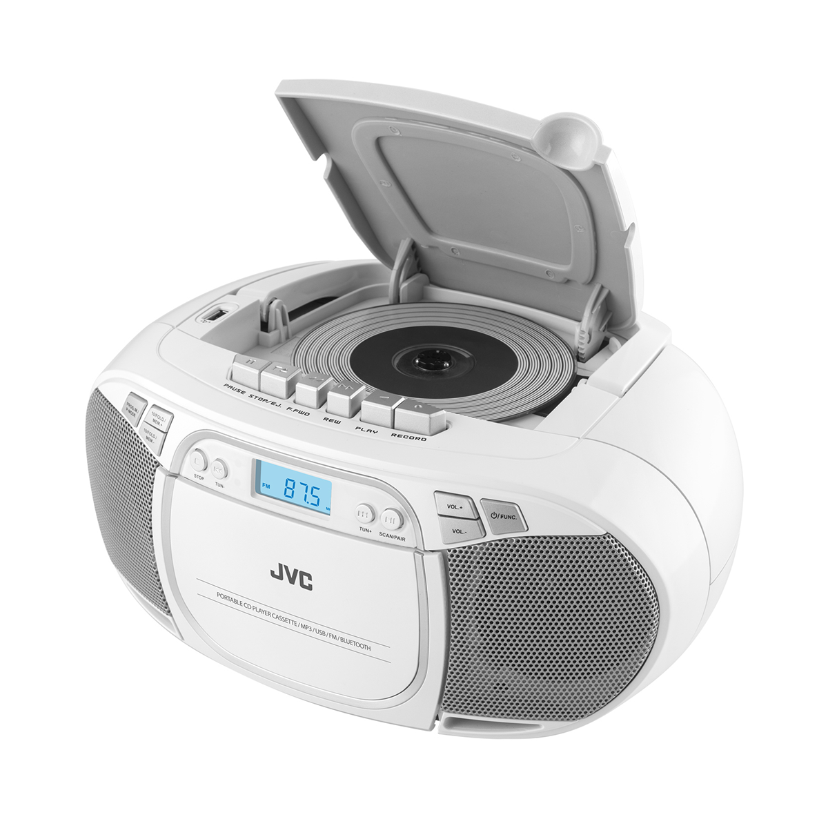 Un lettore CD portatile JVC bianco con coperchio aperto, che mostra un CD all'interno. Sono visibili pulsanti e un display digitale, con altoparlanti ai lati.