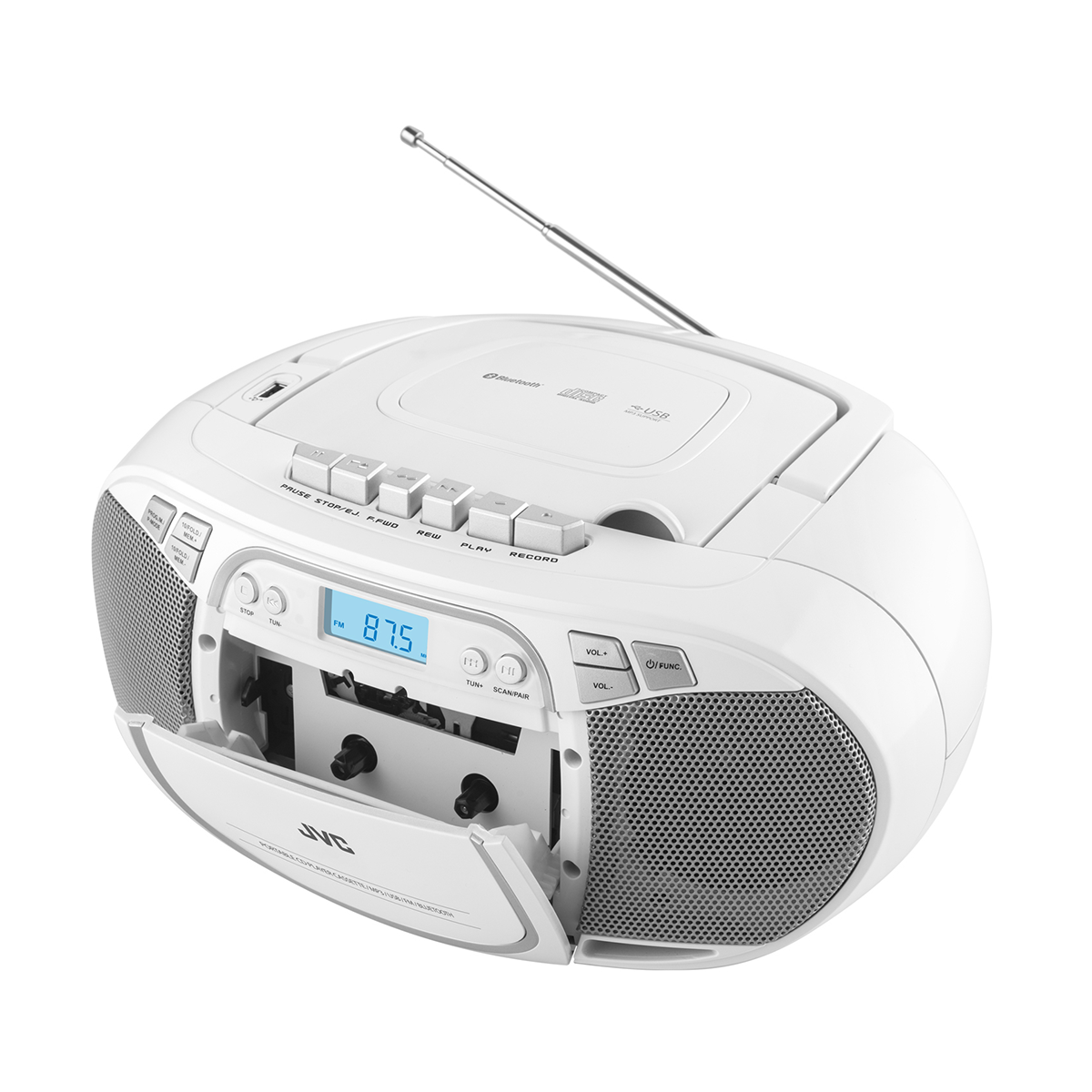 Un boombox JVC bianco con sportello cassette aperto. Ha un display digitale che mostra 87,5 FM. Un'antenna è estesa.