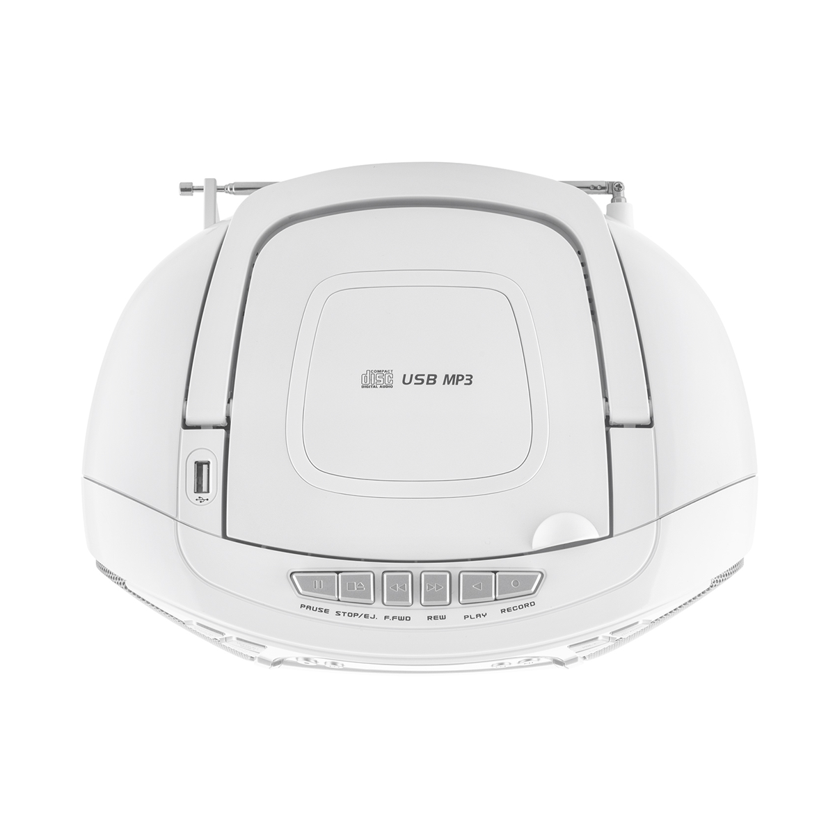 Un lettore CD portatile bianco con porta USB, pulsanti di controllo e display digitale. Ha antenne e la scritta 'USB MP3'.