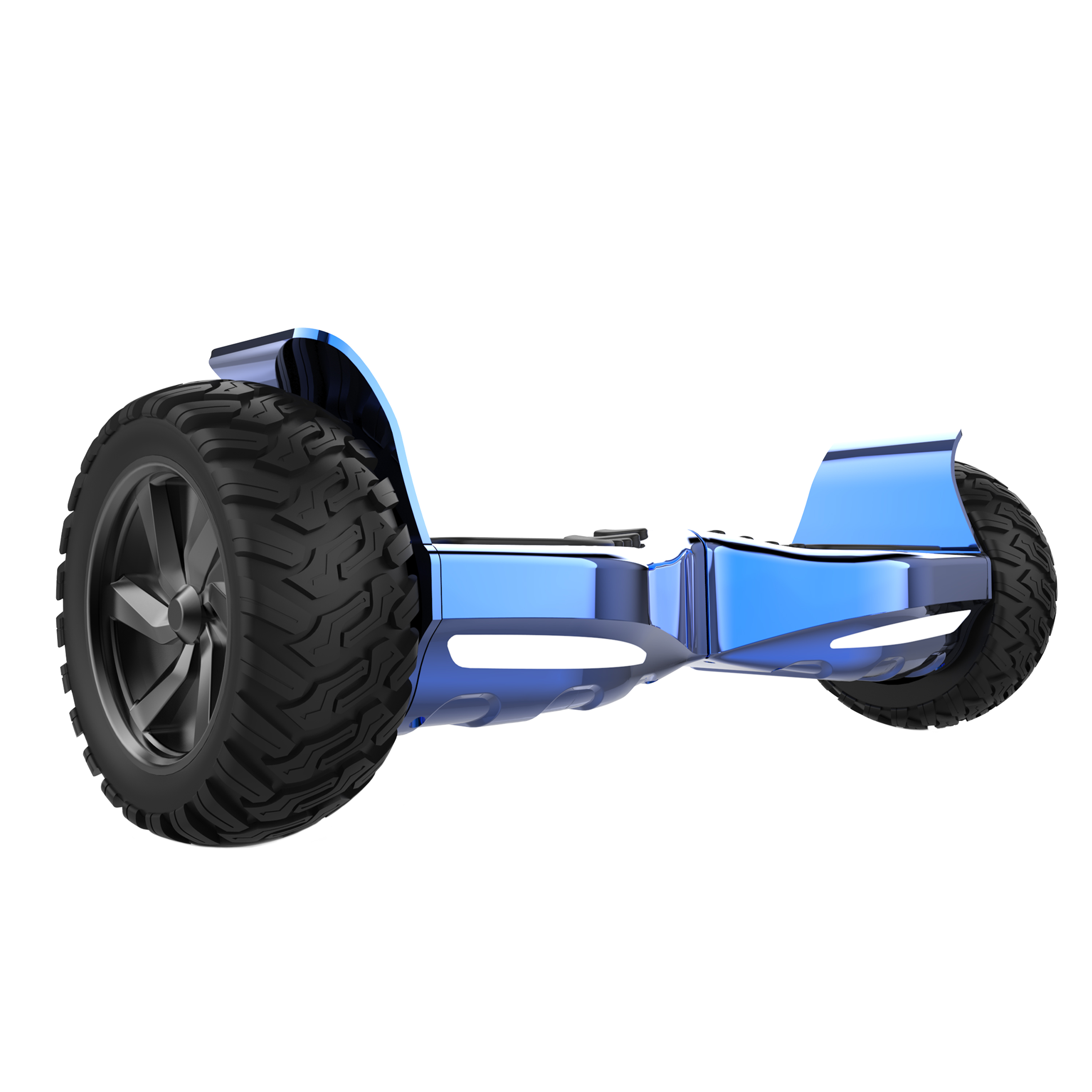 Ein blaues Hoverboard mit großen schwarzen Reifen ist nach rechts abgewinkelt. Der Hintergrund ist weiß.