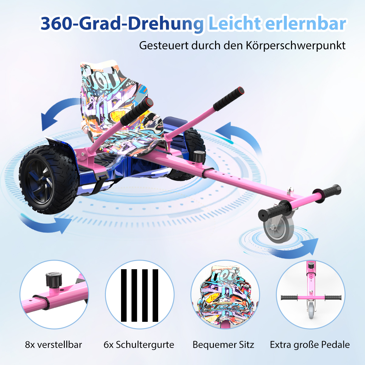 Ein pinkfarbenes Hoverboard mit einem Graffiti-Sitz. Merkmale sind verstellbare Teile, Schultergurte, ein bequemer Sitz und große Pedale.