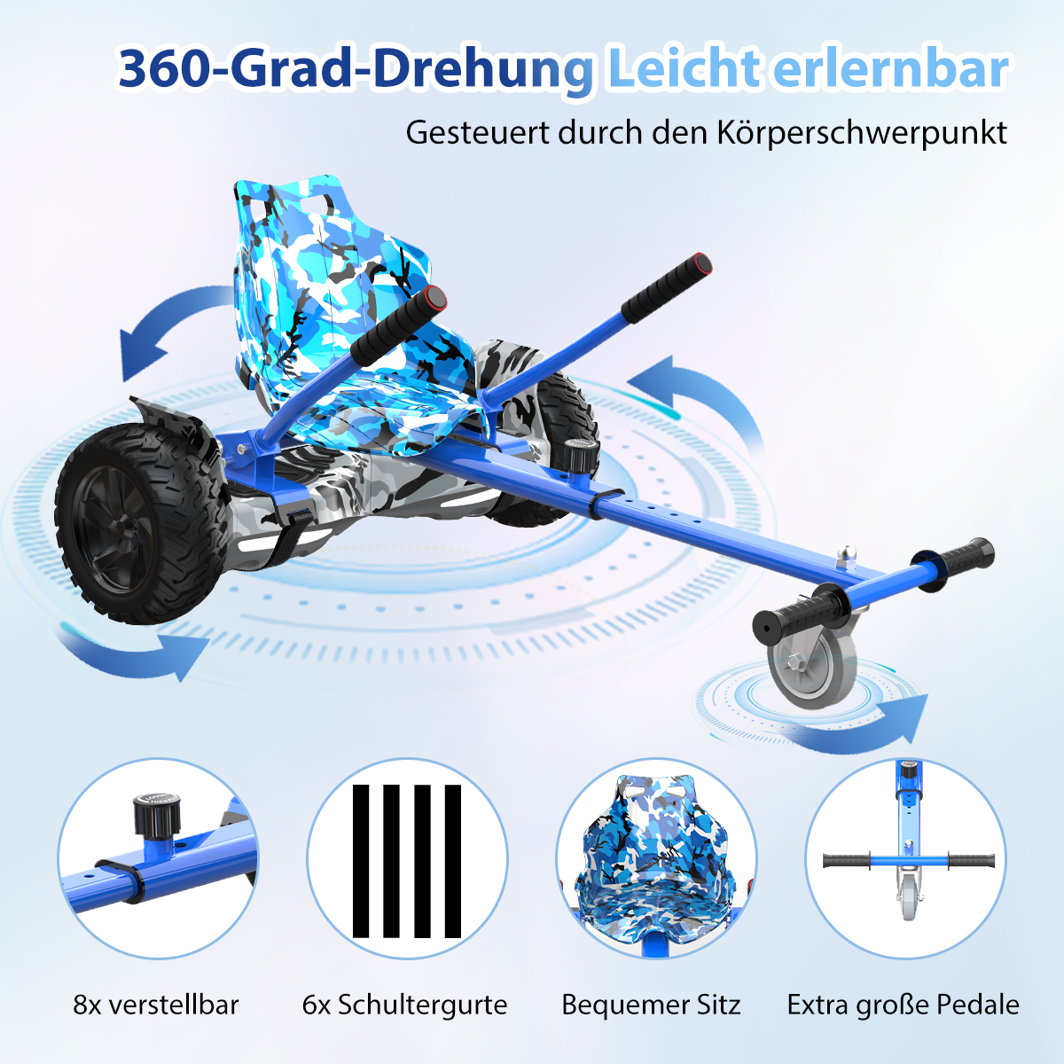 Gezeigt wird ein blau-schwarzes Go-Kart mit einem Camouflage-Sitz. Es hat große Räder, Lenker und ein kleines Vorderrad.