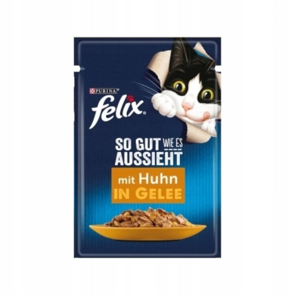 Kot wygląda z rozdartego opakowania karmy dla kotów Felix, pokazując jedzenie na żółtym talerzu. Tekst: 'mit Huhn in Gelee'.