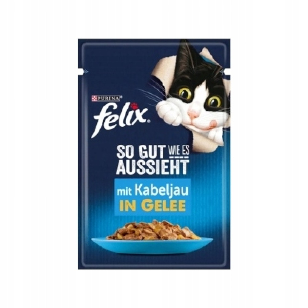 Kot wygląda z saszetki z jedzeniem. Saszetka zawiera karmę dla kotów i niemiecki tekst reklamujący karmę dla kotów 'Felix' z dorszem w galarecie.