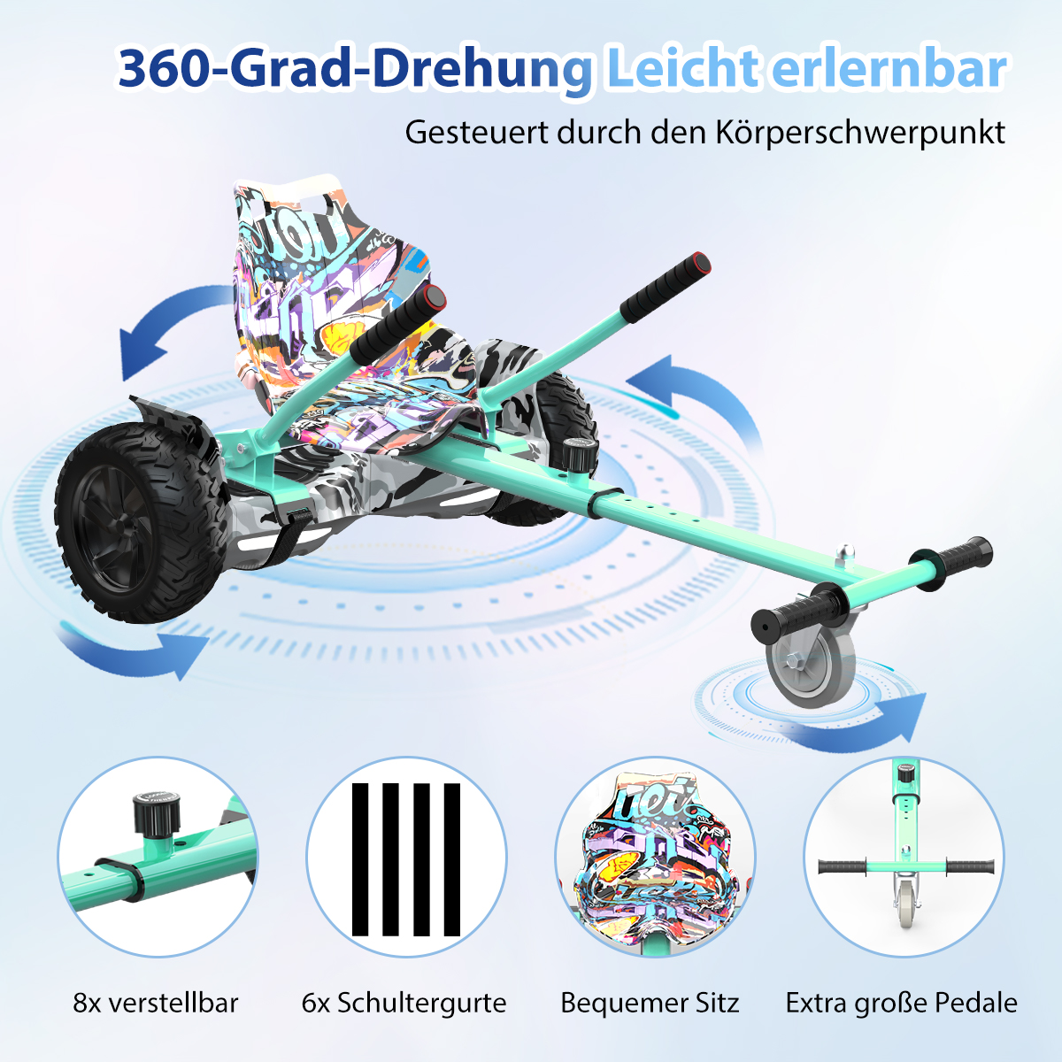 Ein mintgrünes Go-Kart mit schwarzen Reifen und einem bunten Sitz. Text enthält '360-Grad-Drehung' und Produktmerkmale.