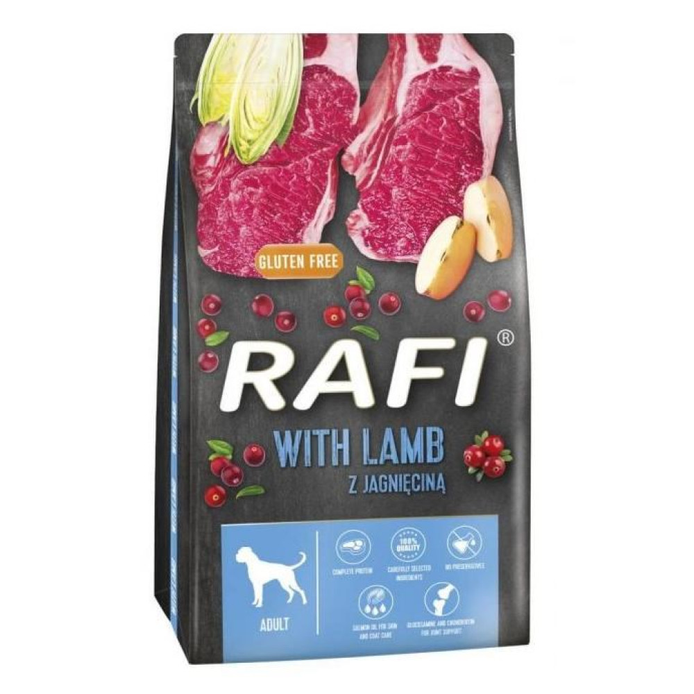 Torba z karmą dla psów z jagnięciną, owocami i jagodami. Napisano 'RAFI with lamb'. Widoczny jest tekst 'Bez glutenu'.