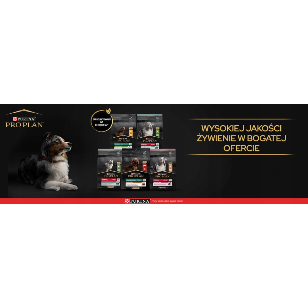 Pies obok toreb karmy dla psów Purina Pro Plan. Tekst: Wysokiej jakości odżywianie w bogatej ofercie.