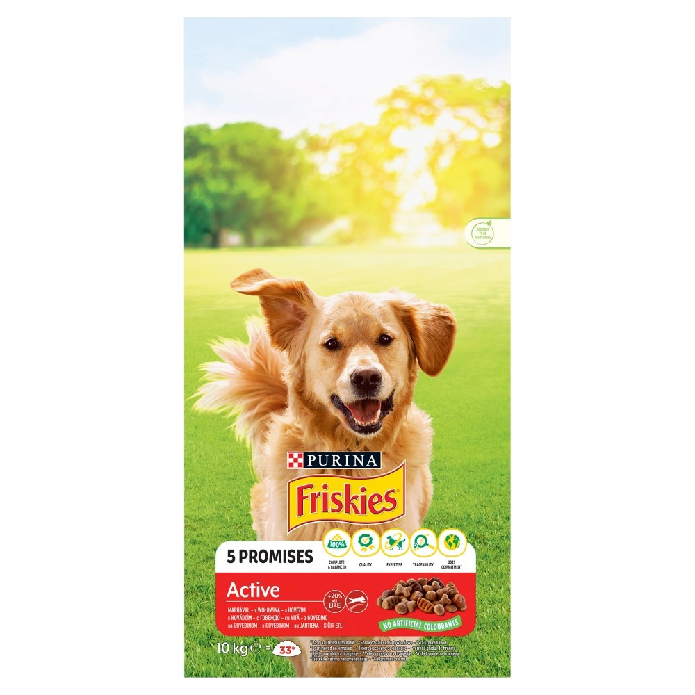 Golden retriever uśmiecha się przed zielonym trawnikiem i torbą Purina Friskies. Torba zawiera karmę dla psów i 5 obietnic.