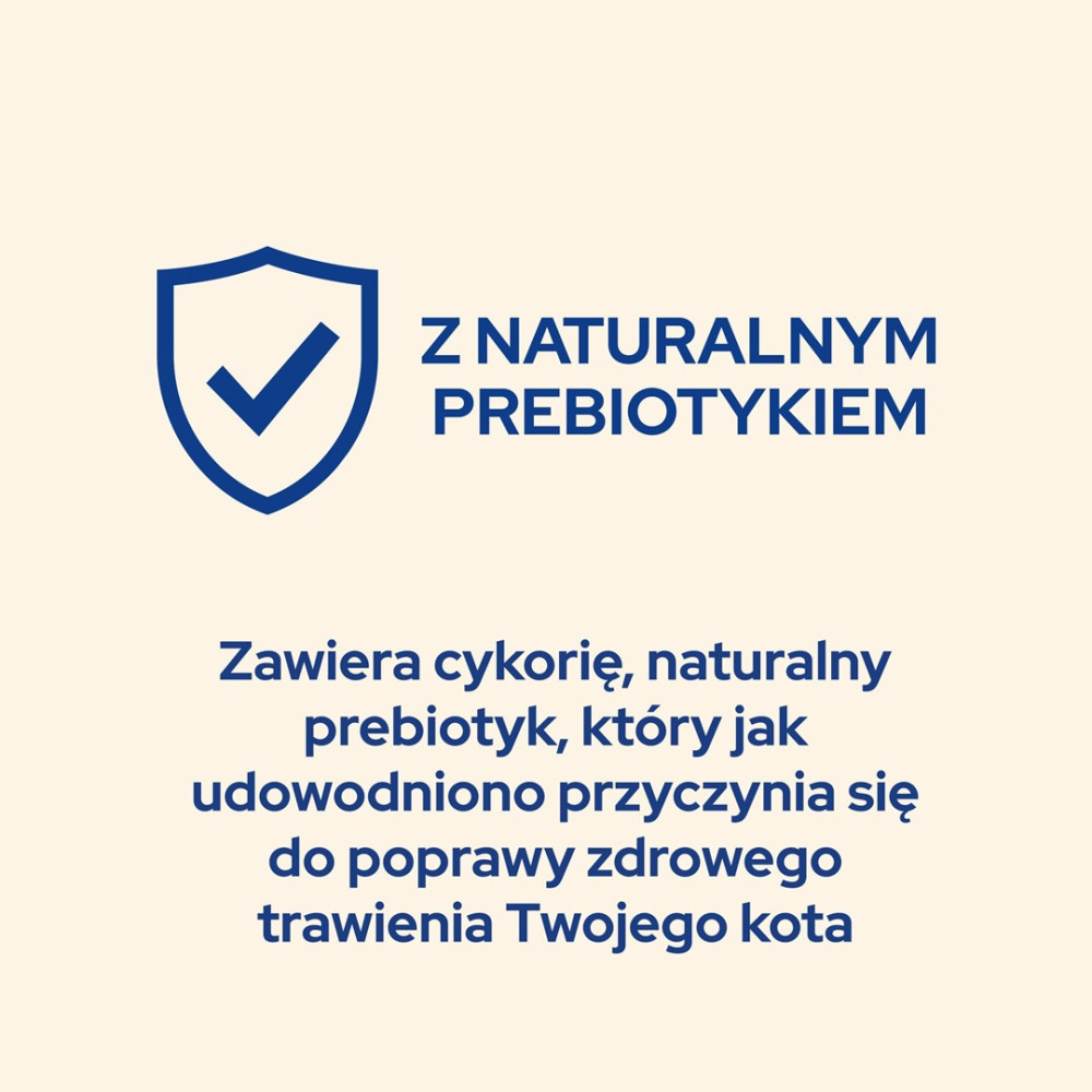Obraz z tekstem: 'Z NATURALNYM PREBIOTYKIEM' i opisem: 'Zawiera cykorię, naturalny prebiotyk, udowodniono, że poprawia trawienie kota'.