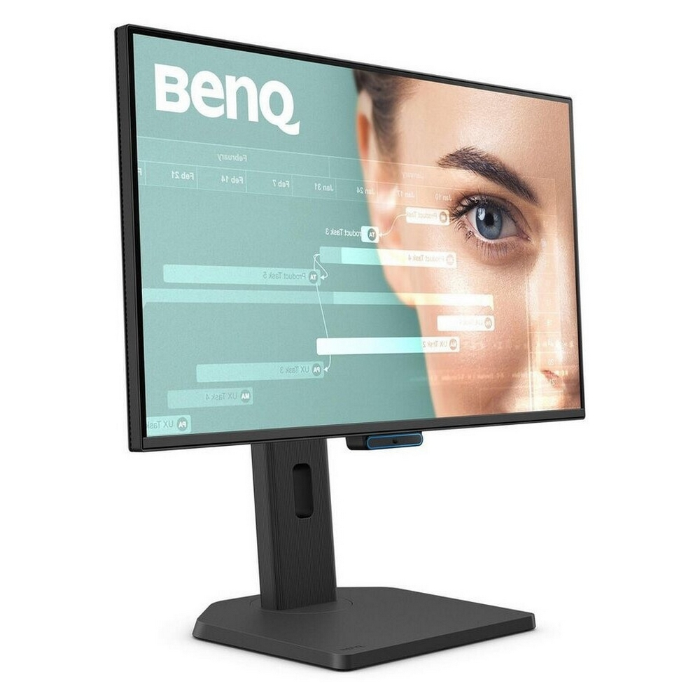 Een BenQ-monitor toont een gezicht. Het scherm toont gegevens en tekst. De monitor is zwart met een blauwe basis, op een wit oppervlak.