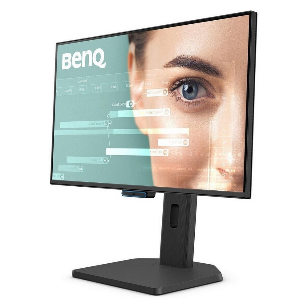 Een BenQ-monitor toont een vrouwen oog en data-overlays. De monitor is zwart en staat op een zwarte standaard. De achtergrond is wit.