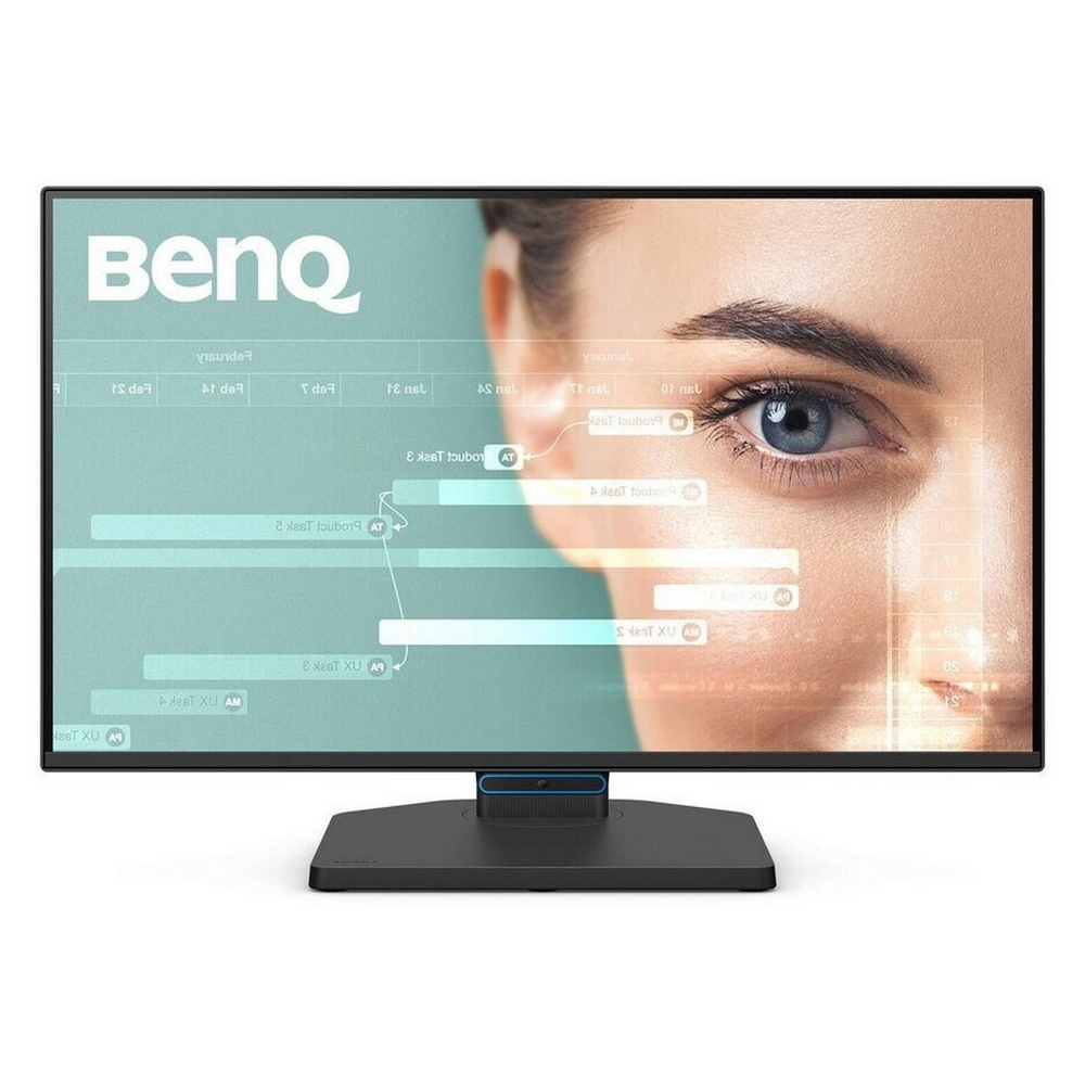 Een computermonitor die het oog van een vrouw weergeeft met data-overlays. Het BenQ-logo is zichtbaar. De monitor is zwart met een blauwe voet.