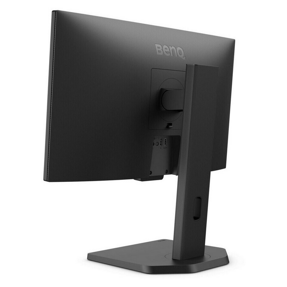 Achteraanzicht van een zwarte BenQ-monitor. De standaard en het achterpaneel zijn zichtbaar. De monitor is naar de kijker gekanteld.