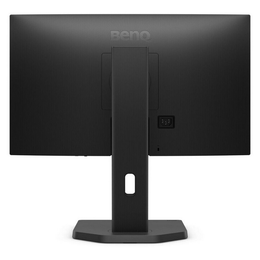 Achteraanzicht van een zwarte BenQ-monitor. Hij heeft een standaard, een voedingsconnector en het BenQ-logo. De monitor staat op een wit oppervlak.