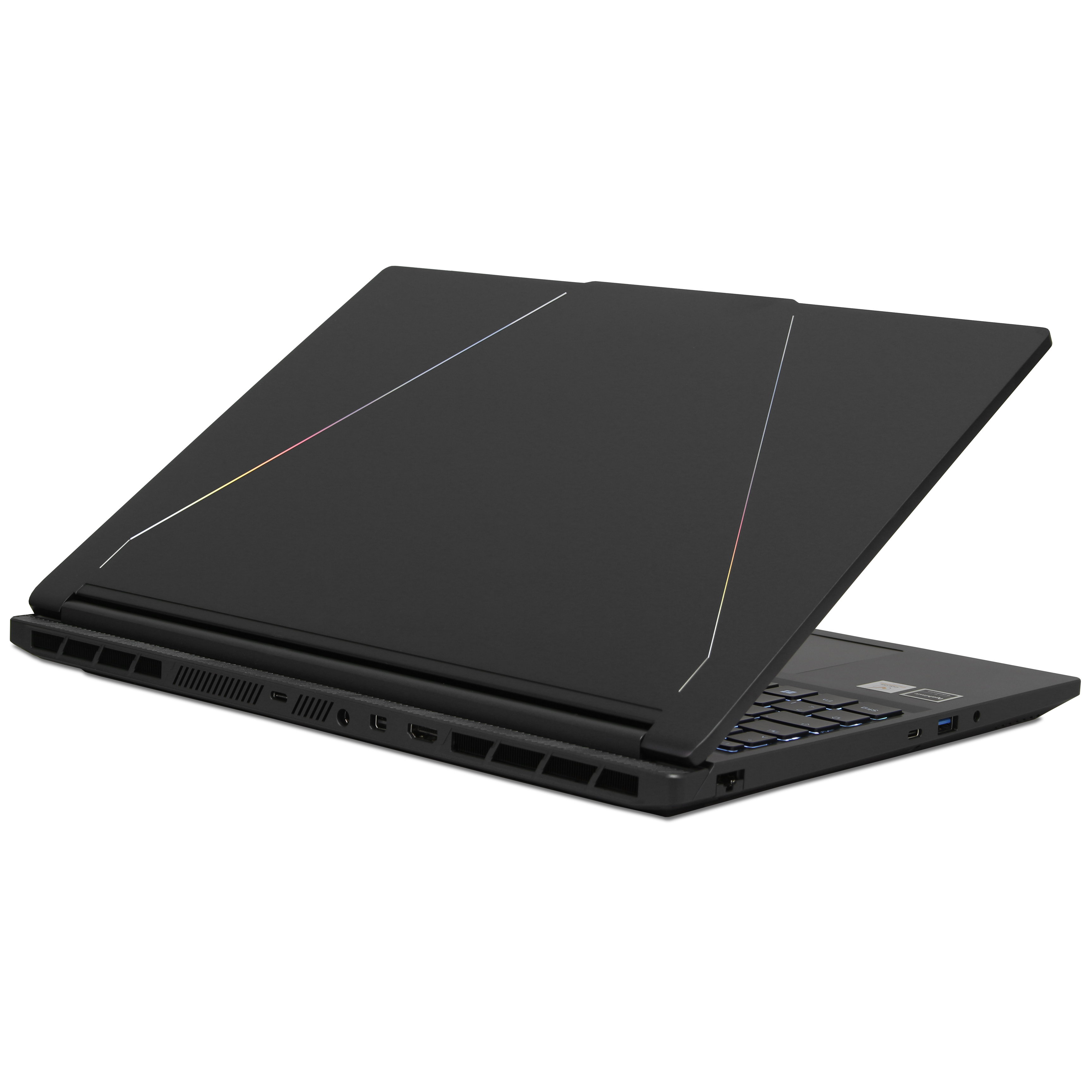 Ein schwarzer Laptop ist leicht geöffnet. Die Tastatur ist sichtbar. Weißer Hintergrund.