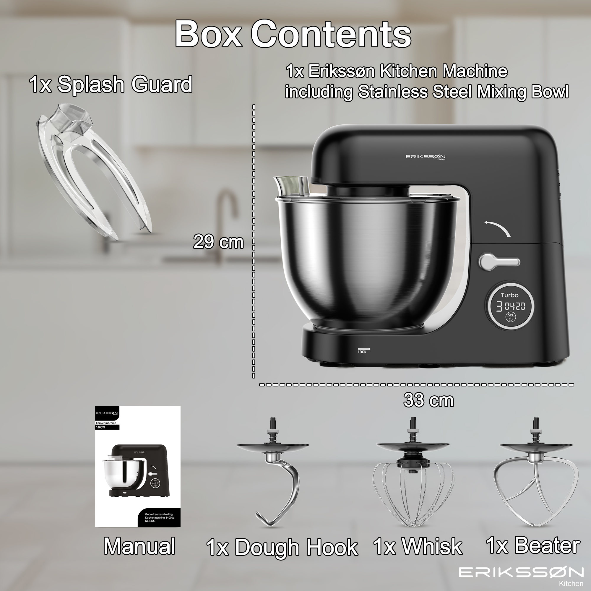 Image shows a black kitchen machine with accessories: splash guard, dough hook, whisk, beater, and manual.
