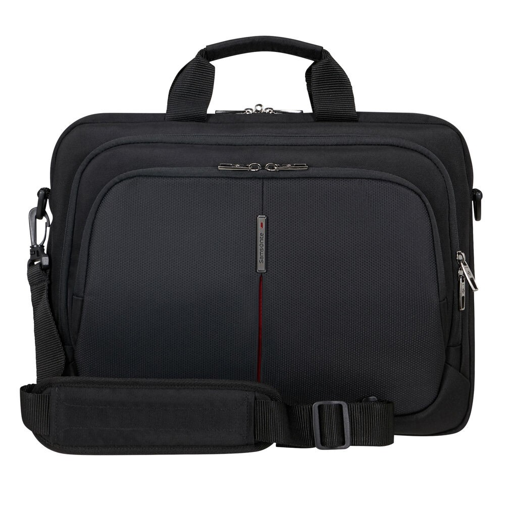 Eine schwarze Samsonite-Aktentasche mit Schultergurt, Griff und einem roten vertikalen Streifen vorne.
