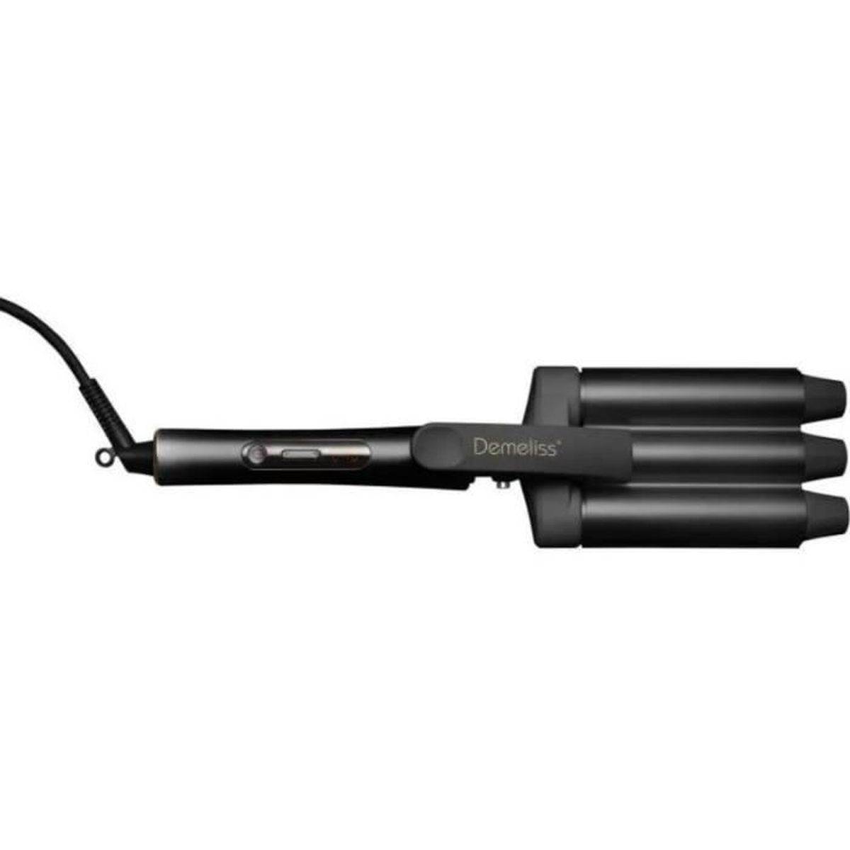 Ein schwarzes Demeliss-Haarwellengerät liegt horizontal. Es hat drei Heizrohre zum Wellenmachen, einen Griff und ein Netzkabel.
