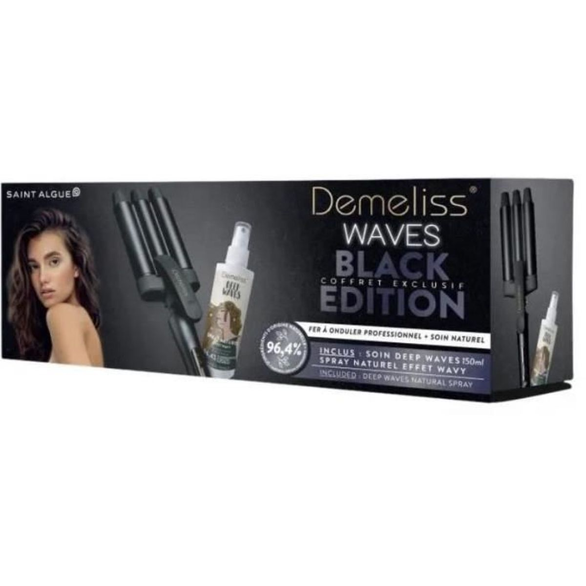 Box mit Haarpflegeprodukten. Links ist eine Frau. Auf der Box steht 'Demeliss WAVES BLACK EDITION' mit einem Lockenstab.