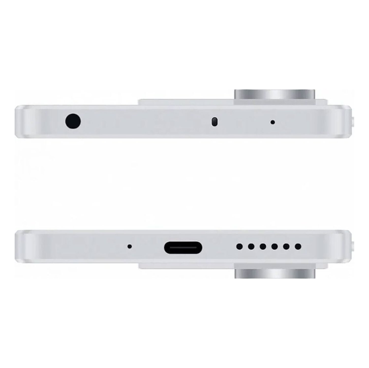 Dos vistas de un smartphone blanco. Una muestra un conector para auriculares. La otra muestra un puerto de carga y orificios para altavoces.