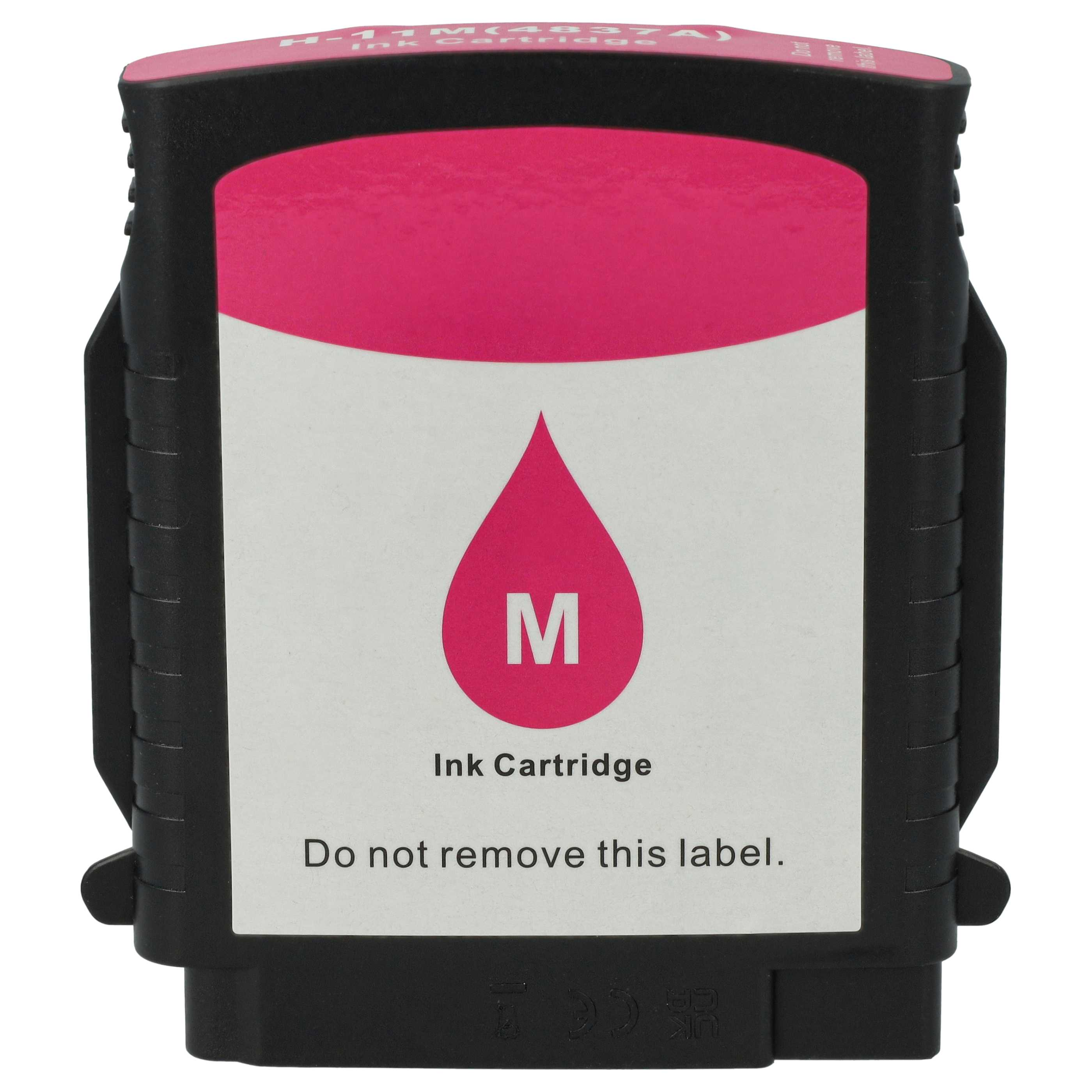Eine Tintenpatrone wird gezeigt, sie hat schwarze und rosa Farben, mit einer tropfenförmigen Form auf der Vorderseite und dem Buchstaben M.