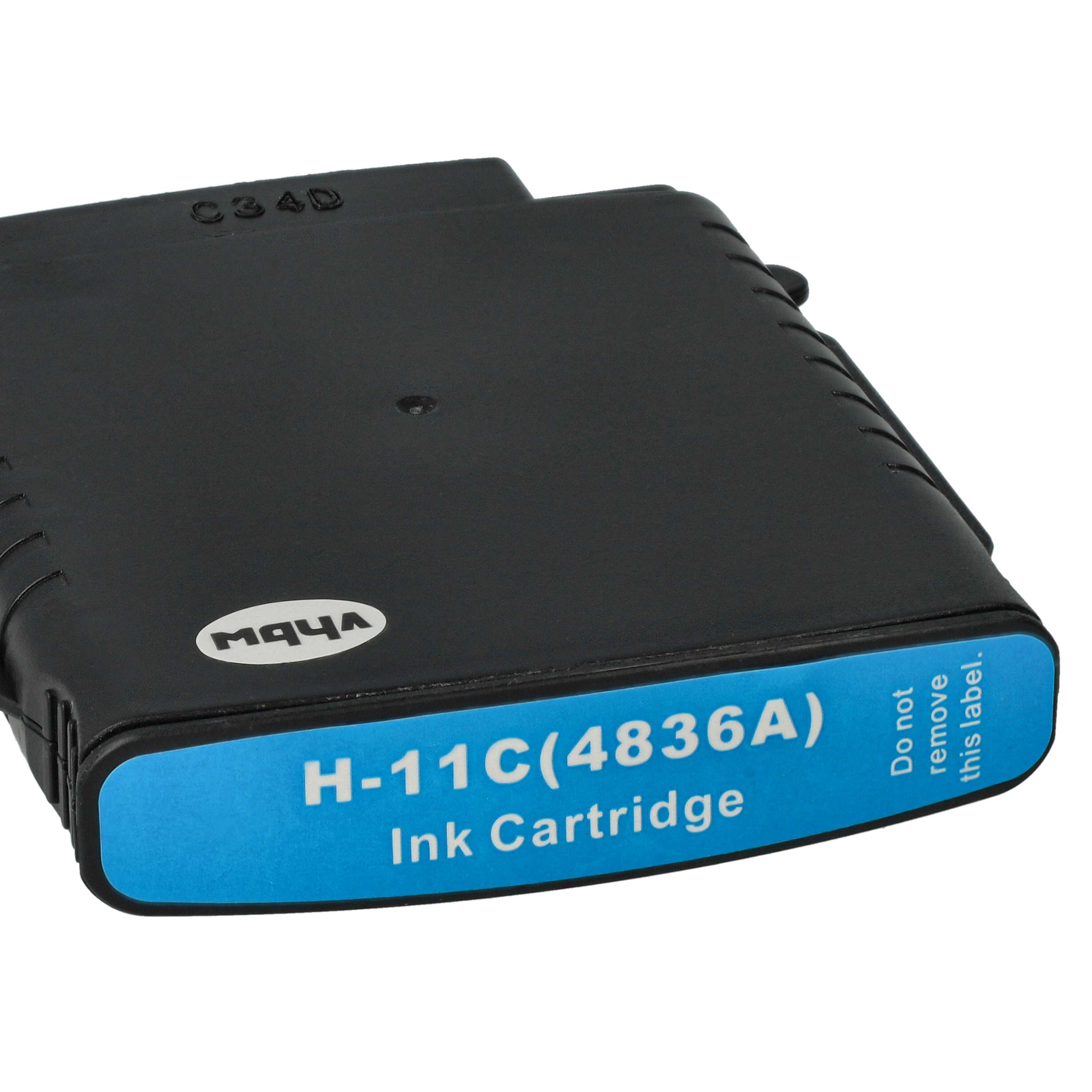 Schwarze Tintenpatrone mit blauem Etikett. Text: H-11C(4836A) Ink Cartridge. Nicht dieses Etikett entfernen.