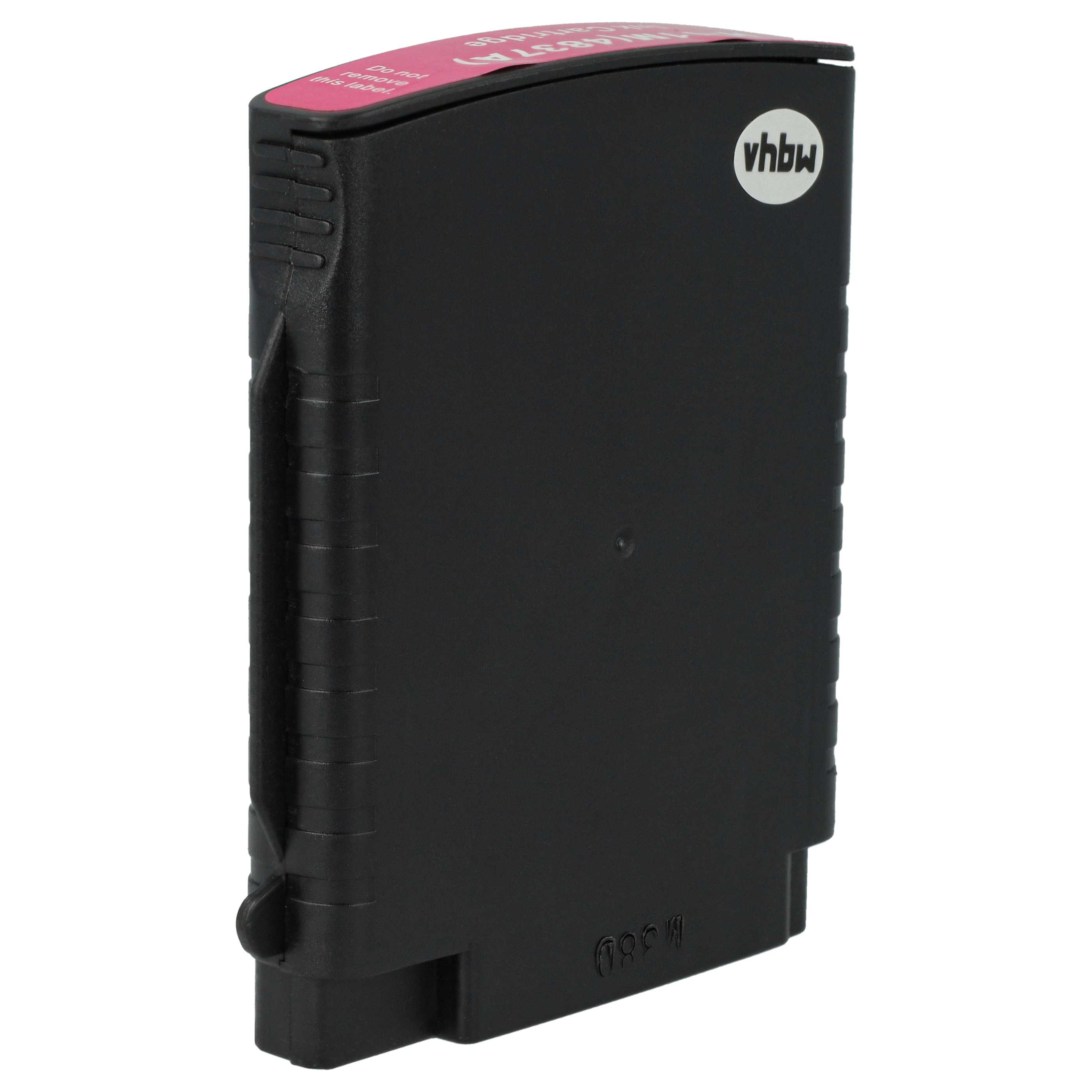 Eine schwarze Tintenpatrone mit einem rosa Etikett. Die Patrone hat ein weißes Logo und die Aufschrift 'Dieses Etikett nicht entfernen'.