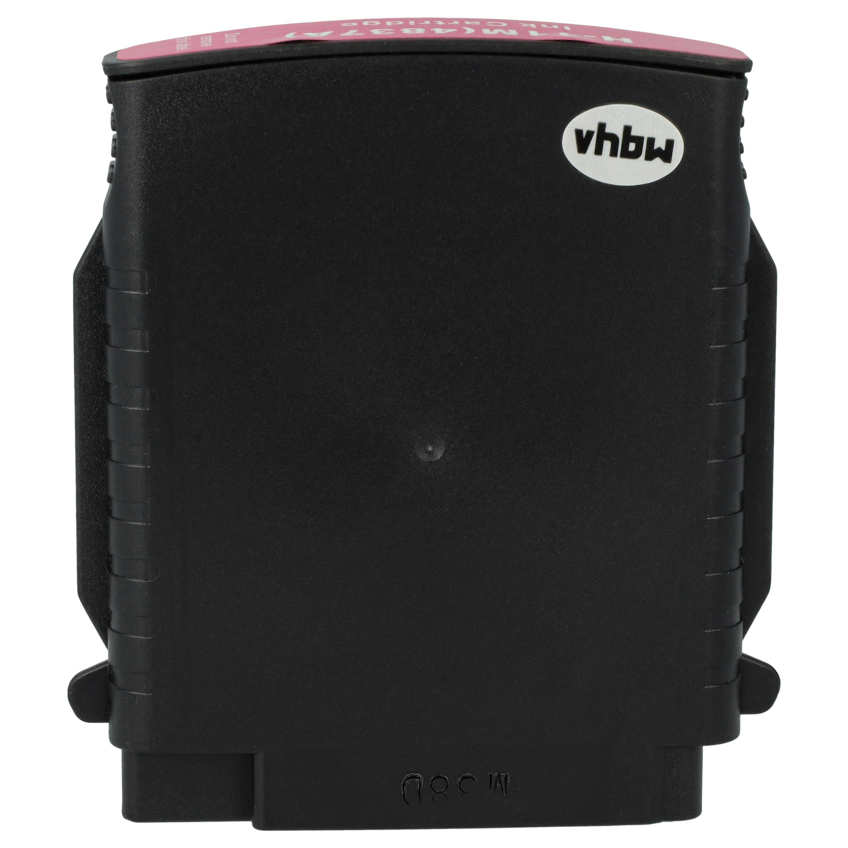 Schwarze Tintenpatrone mit weißem "vhbw"-Logo. Rosa Etikett oben. Schwarzes Kunststoffgehäuse mit einigen Details.